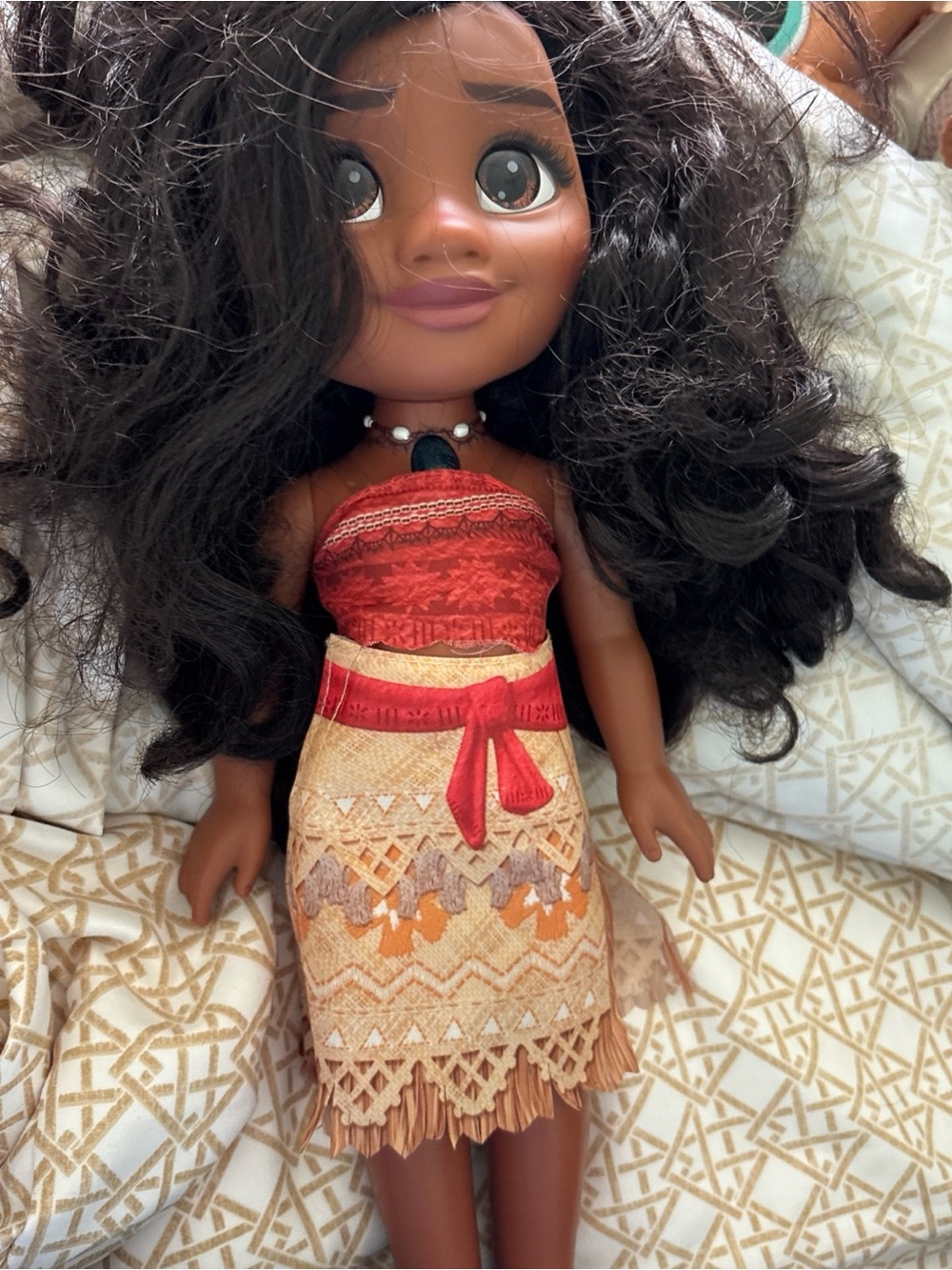 Disney Brown Doll with Red Top and Tan Patterned Skirt